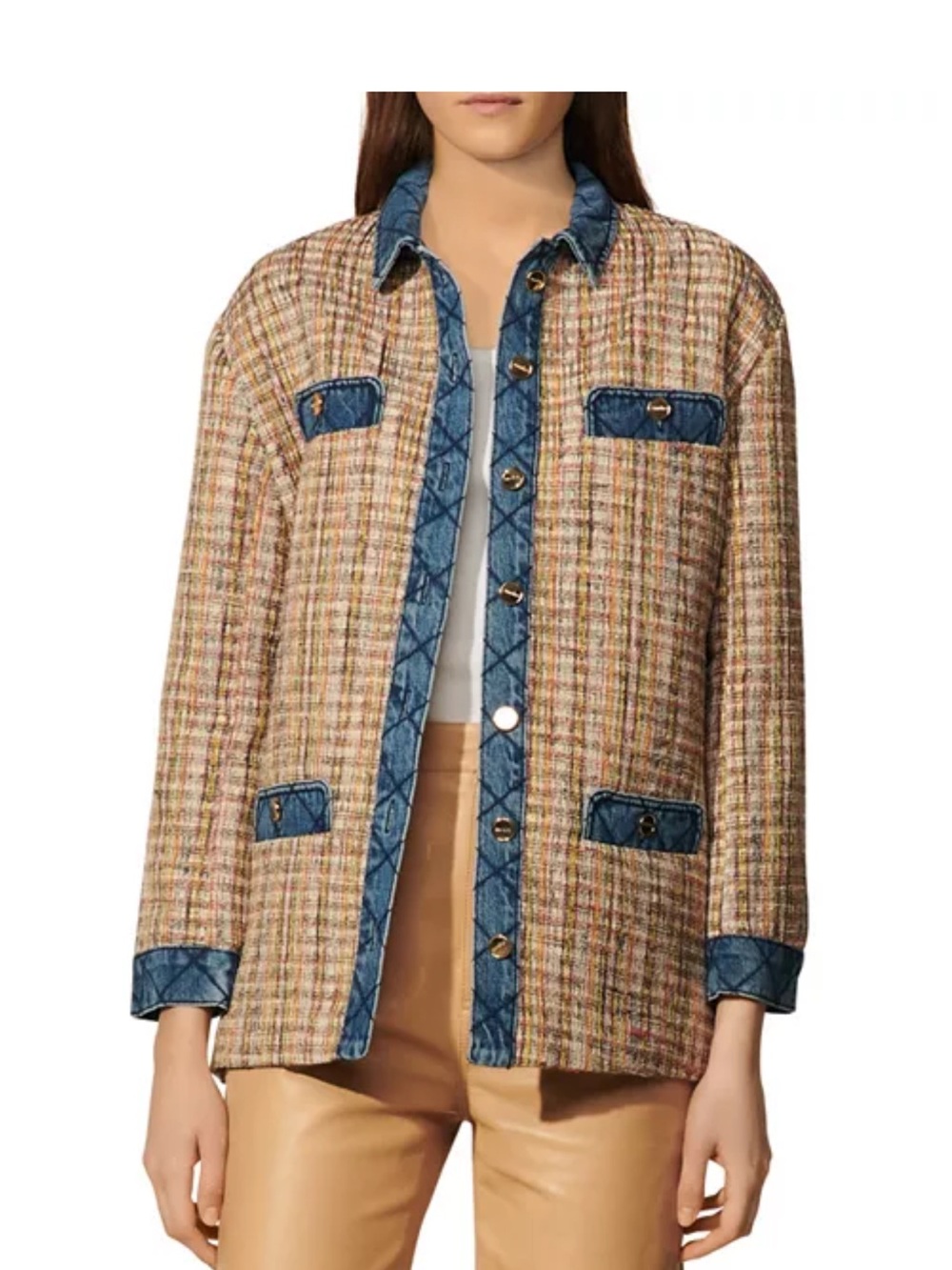 Sandro size large FR40 Quilt-Trim Tweed Jacket in Beige Multicolor